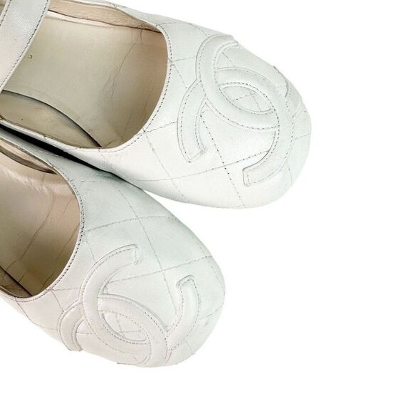 CHANEL White Cambon Maryjane Ballet Flat US 10.5 CC Logo Leather Shoes Round Toe - Picture 5 of 11